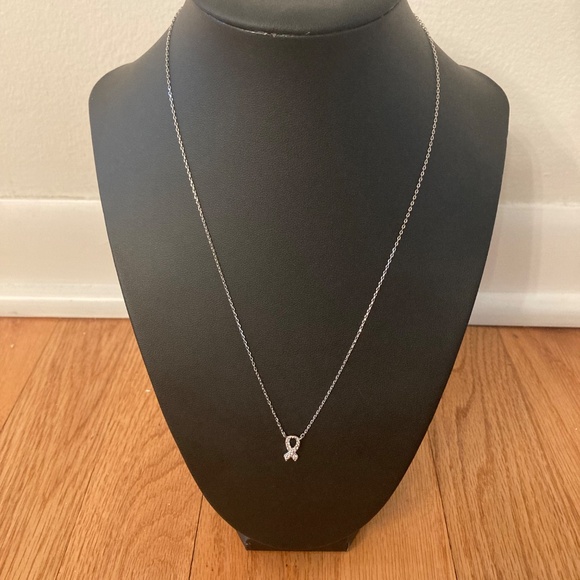 SECRET BOX NEW YORK  WHITE GOLD DIPPED CZ PINK RIBBON NECKLACE (X) - Picture 1 of 4